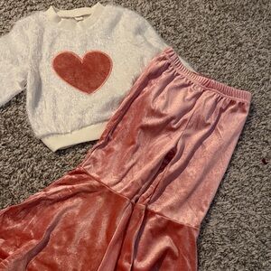 White and Pink Heart Sweater with Pink Velvet Flare Pants
